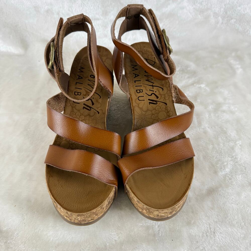 Blowfish Brown Leather Cork Wedge Sandals with Ankle Buckle